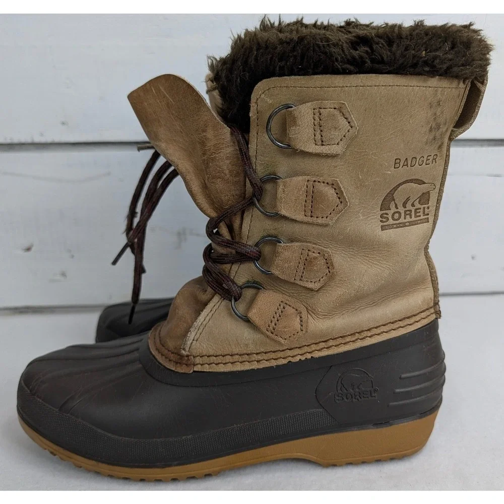 Sorel Womens 8 Tan Leather Rubber Pac Winter Snow Boots Removable Felt Liners